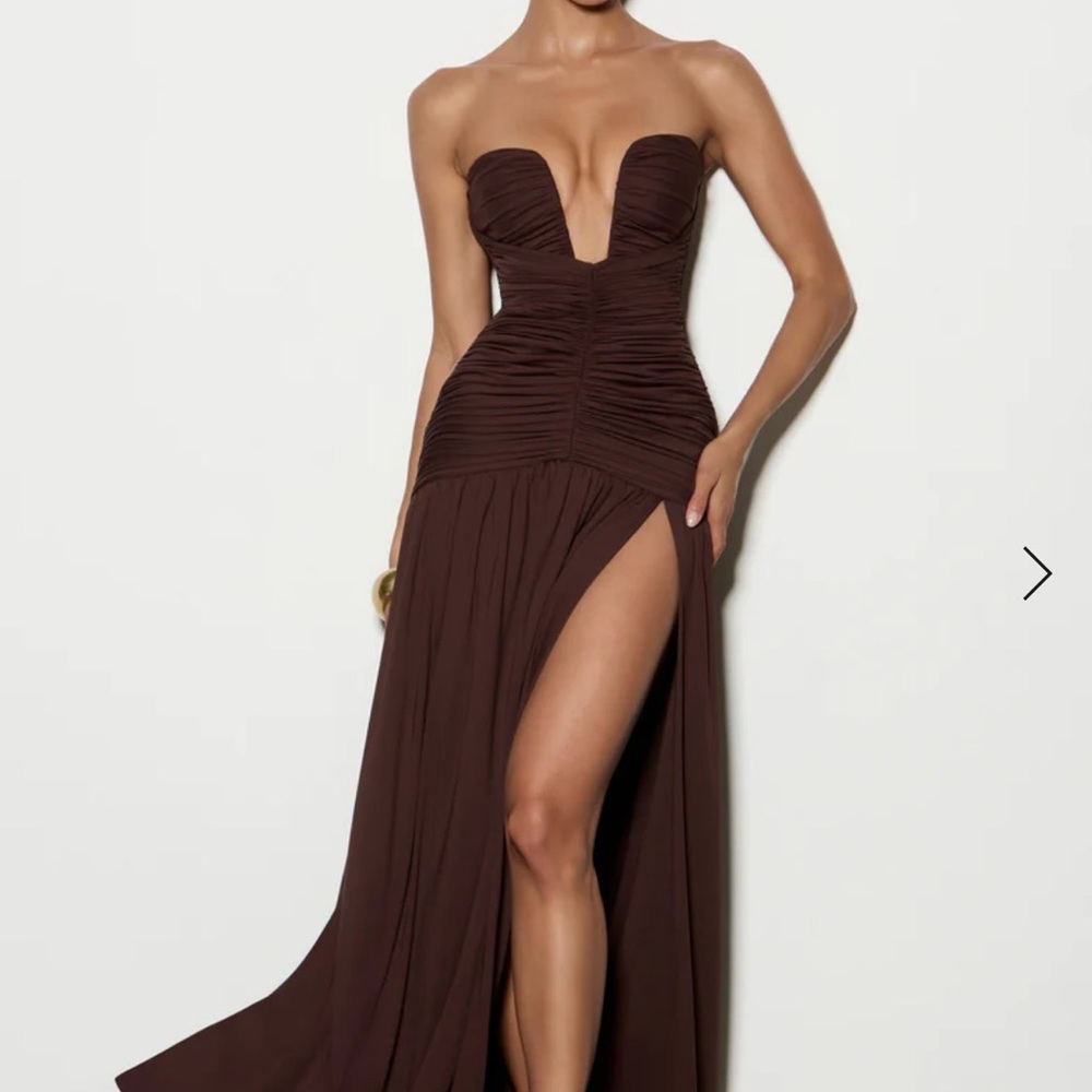 Strapless Deep V Chocolate Brown High-Slit Evening Gown